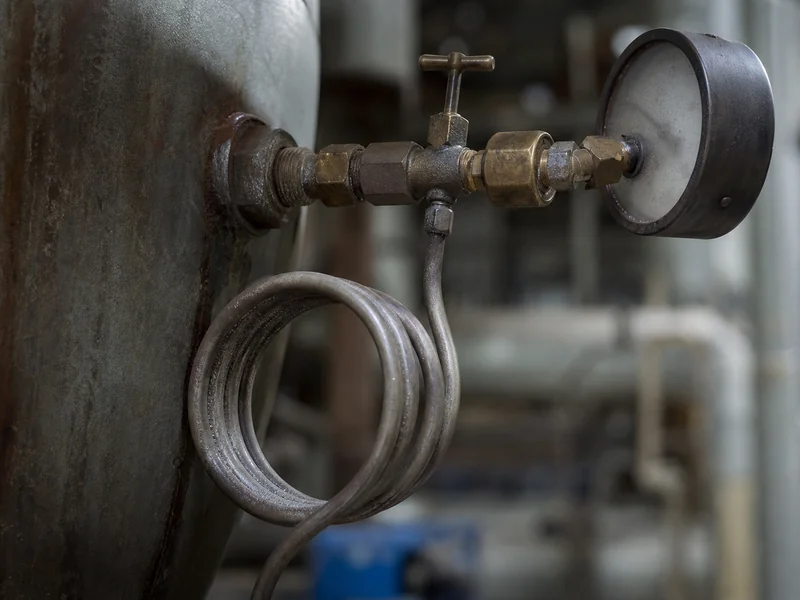 Pigtail siphon and calibrated gauge at the sensing tap, the first check when troubleshooting unstable steam pressure control in a boiler